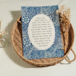Irish Blessing | May the Road Rise Poem for New Home, Closing, Housewarming Gift | Blue Floral William Morris Art | Celtic Print or Canvas