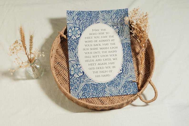 Irish Blessing | May the Road Rise Poem for New Home, Closing, Housewarming Gift | Blue Floral William Morris Art | Celtic Print or Canvas