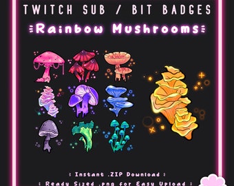 10 Twitch Sub/Bit Badges | Magic Rainbow Mushrooms | Pastel Glow | Cute | Cottagecore | Witchy | Channel Point | Discord | Stream Decoration