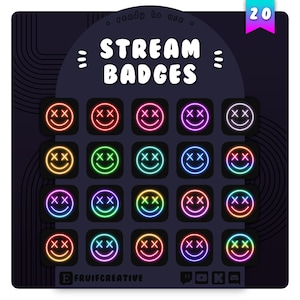 20 Sub/Bit Twitch Badges | Neon x Smiley | Instant download | Cyberpunk Gaming Icons | Rainbow Channel Point | Discord | Streamer Badge
