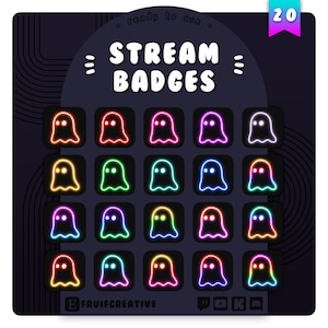 Könnte beinhalten: Eine Sammlung von 20 Neon-Stream-Badges in Geisterform in verschiedenen Farben, darunter Gelb, Grün, Pink und Blau. Die Badges befinden sich auf einem dunklen Hintergrund mit dem Text "STREAM BADGES" oben.