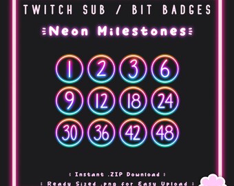 12 Twitch Sub Badges | Neon Milestones | Instant download | Rainbow Numbers | Beginner | Loyalty Months | Glow | Simple | Streamer Badges