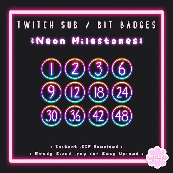 12 Twitch Sub Badges | Neon Milestones | Instant download | Rainbow Numbers | Beginner | Loyalty Months | Glow | Simple | Streamer Badges