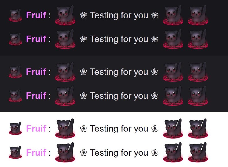 K&ouml;nnte beinhalten: Sechs schwarz-wei&szlig;e Comic-Katzen mit roten Augen und rosa Nasen befinden sich auf einem roten Kreis mit einer wei&szlig;en Blume auf jeder Seite. Der Text "Fruif : Testing for you" befindet sich &uuml;ber den Katzen.