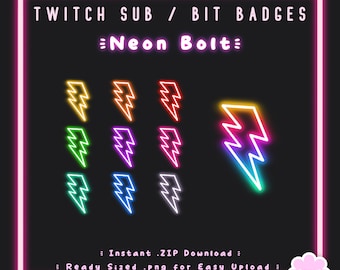 10 Sub/Bit Twitch Badges | Neon Lightning Bolt | Instant download | Rainbow | Cool | Glow | Gaming | Streamer | Channel Points | Discord
