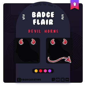 May include: A digital illustration of a badge flair with devil horns. The badge is black with red horns and a red tail. The text "BADGE FLAIR" is in white and the text "DEVIL HORNS" is in white.