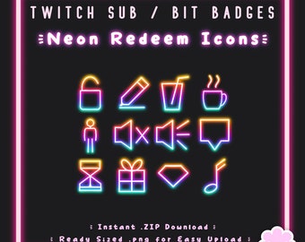 12 Twitch Channel Point Redeem Icon Pack | Instant Upload | Neon Rainbow Badge | RGB | Simple Icons | Hydrate | Posture Check | P2U