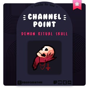 Op de afbeelding: Een donker marineblauwe afbeelding met de tekst "CHANNEL POINT" en "DEMON RITUAL SKULL" in wit en roze. De afbeelding toont een gestileerde schedel met een rode sjaal en een kruisvormige hanger. Het ontwerp is klaar voor gebruik.