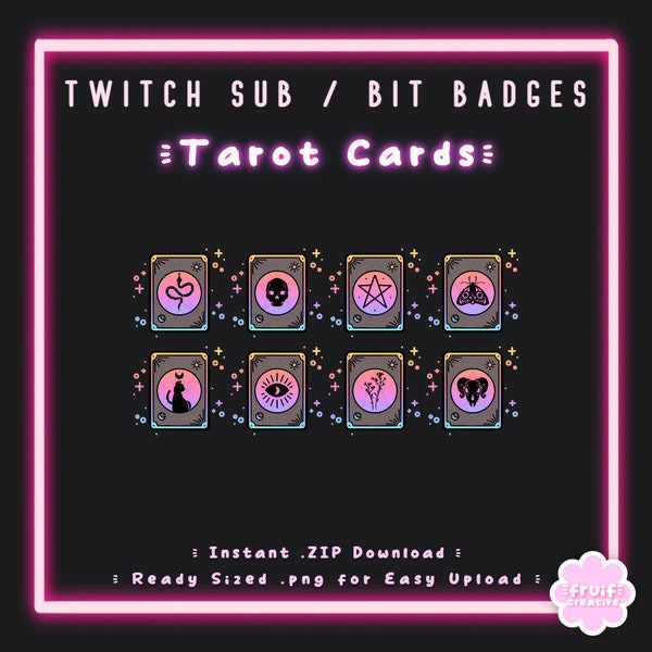 8 Sub/Bit Twitch Badges | Rainbow Tarot Cards | Instant download | Pastel | Witchy | Edgy | Goth | Spooky | Cute | Discord | Streamer Badge