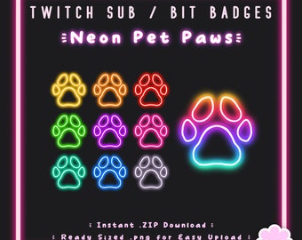 10 Sub/Bit Twitch Badges | Neon Pet Paws | Instant download | Cute Animal Badge | RGB Glow | Gaming | Channel Point | Discord | Stream