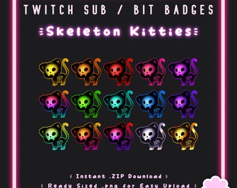 15 Sub/Bit Twitch Badges | Skeleton Kitties | Instant download | Spooky | Witchy | Phantom Cats | Neon | Cute | Discord | Streamer | Loyalty