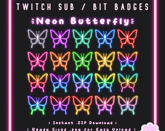 20 Sub/Bit Twitch Badges | Neon Butterfly - MEGAPACK | Instant download | Rainbow | Cute Gaming | Fairy | Channel Point | Discord | Stream