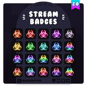 Puede incluir: Un conjunto de 20 insignias de transmisión de Twitch con símbolo de peligro biológico de neón en varios colores. Las insignias están dispuestas en una cuadrícula con un fondo negro. El texto "STREAM BADGES" está en la parte superior de la imagen.