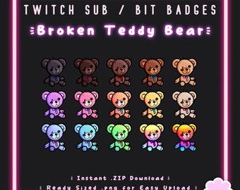 15 Sub/Bit Twitch Badges | Broken Teddy Bear | Instant download | Cute Animal | Aesthetic | Spooky | Rainbow | Emo | Discord | Stream Badge