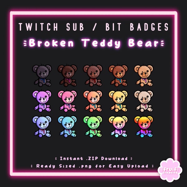 15 Sub/Bit Twitch-badges | Gebroken teddybeer | Direct downloaden | Leuk dier | Esthetisch | Spookachtig | Regenboog | Emo | Onenigheid | Stream-badge