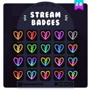 20 Sub/Bit Twitch Badges | Neon Heart-Breaker | Instant download | Broken Heart | Cute | Love Emoji | Glow | Channel Points | Streamer Badge