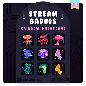 10 Emblemas de Inscrição/Bit Twitch | Cogumelos Arco-Íris Mágicos | Brilho Pastel | Fofo | Cottagecore | Bruxo | Ponto de Canal | Discord | Decoração de Transmissão