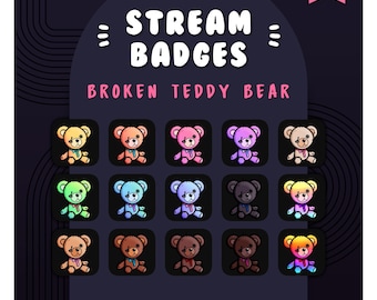 15 Sub/Bit Twitch Badges | Broken Teddy Bear | Instant download | Cute Animal | Aesthetic | Spooky | Rainbow | Emo | Discord | Stream Badge
