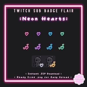 Sub Badge Flair | Neon Hearts | 6x Tier 2, 6x Tier 3 Included | Cute | Instant Download | Corner Love Flairs | Twitch | Streamer Badges