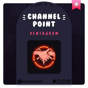 Pode incluir: Uma ilustração digital em preto e vermelho de um gesto de mão com um símbolo de pentagrama dentro de um círculo de fogo. O texto "CHANNEL POINT PENTAGRAM" está acima da imagem.