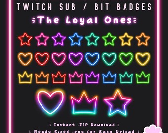 30 Sub/Bit Twitch Badges | The Loyal Ones - MEGA PACK | Neon | Stars | Crowns | Hearts | Loyalty | Cute Channel Point | Stream Badge Package