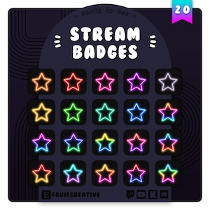 Puede incluir: Veinte insignias de transmisión de Twitch de estrella de neón en varios colores, incluidos rojo, verde, azul, amarillo y morado. Las insignias están dispuestas en una cuadrícula sobre un fondo oscuro con el texto "STREAM BADGES" encima.