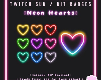 10 Sub/Bit Twitch Badges | Neon Love Hearts | Instant download | Cute | Gaming | Stream Decoration | Glow | Channel Point | Discord Roles