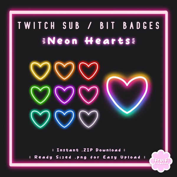 10 Sub/Bit Twitch Badges | Neon Love Hearts | Instant download | Cute | Gaming | Stream Decoration | Glow | Channel Point | Discord Roles