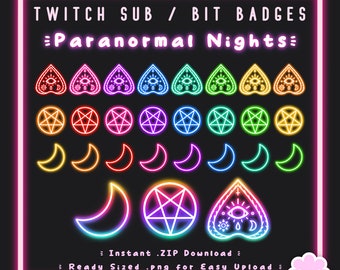 30 Sub/Bit Twitch Badges | Paranormal Nights - MEGA PACK | Neon | Witchy | Pentagram | Spooky | RGB | Channel Point | Stream Badge Package