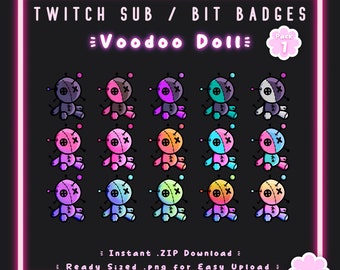 15 Sub/Bit Twitch Badges | Cute Voodoo Doll | Pack 1 | Instant download | Witchy | Edgy | Goth | Spooky | Cute | Discord | Streamer Badge