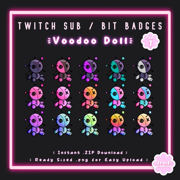 15 Sub/Bit Twitch Badges | Cute Voodoo Doll | Pack 1 | Instant download | Witchy | Edgy | Goth | Spooky | Cute | Discord | Streamer Badge