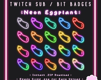 20 Sub/Bit Twitch Badges | Neon Eggplants - MEGA PACK | Instant download | Cool | Glow | Emoji | Cute Food Icons | Channel Point | Discord