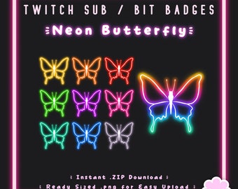 10 Sub/Bit Twitch Badges | Neon Butterfly | Instant download | Cute | Fairy | Glow | y2k | Gaming | Discord | Channel Points | Stream Badge