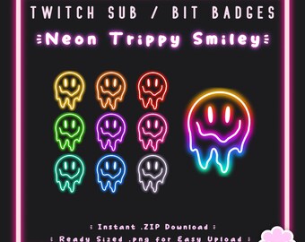 10 Sub/Bit Twitch Badges | Neon Trippy Smiley | Instant download | Cool | RGB | Edgy | Gaming | Channel Point | Discord | Streamer Badge