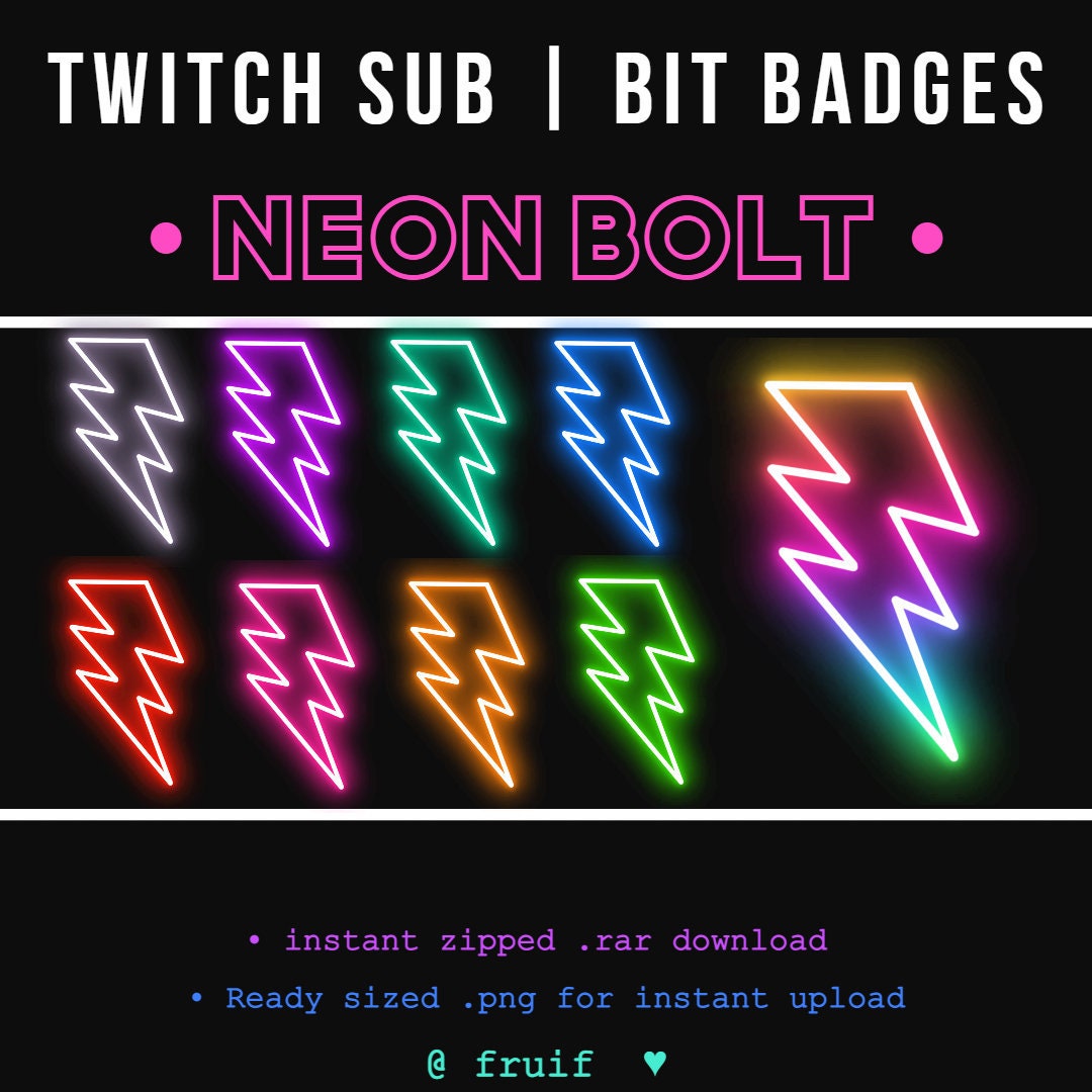 9 Sub/bit Twitch Badges Neon Lightning Bolt Instant | Etsy UK