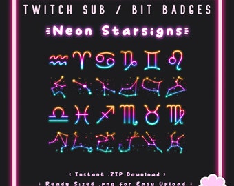 24 Sub/Bit Twitch Badges | Neon Starsigns | Constellations | Rainbow Horoscopes | RGB Glow | Astrology | Stars | Galaxy | Discord | Stream