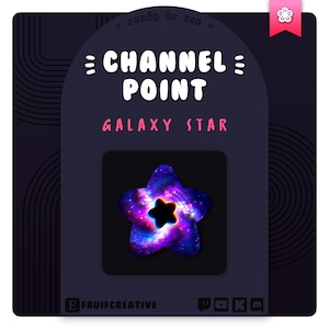 Könnte beinhalten: Ein lila und blauer Galaxie-Stern mit einem schwarzen Loch in der Mitte. Der Stern ist von einem dunkelblauen Hintergrund mit einem weißen Rand umgeben. Der Text "CHANNEL POINT GALAXY STAR" ist in rosa Buchstaben über dem Stern geschrieben.