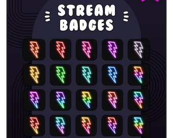 20 Sub/Bit Twitch Badges | Neon Lightning Bolt | Rainbow Gaming Icons | Streamer Loyalty | Cyberpunk Channel Points | Discord Roles