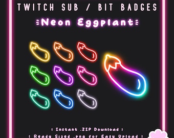 10 Sub/Bit Twitch Badges | Neon Eggplant | Instant download | RGB Glow | Cool | Emoji | Cute Food Icon | Streamer | Channel Point | Discord