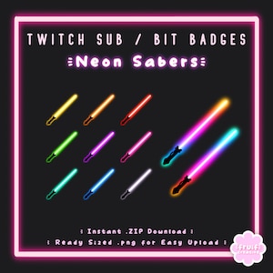 11 Sub/Bit Twitch Badges | Neon Sabers | Instant download | 4 Sub Flairs Included | Cool | Glow | Swords | Gaming | Kick | Streamer Badge