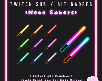 11 Sub/Bit Twitch Badges | Neon Sabers | Instant download | 4 Sub Flairs Included | Cool | Glow | Swords | Gaming | Kick | Streamer Badge