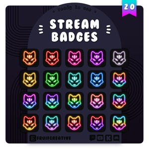 20 Sub/Bit Twitch Badges | Neon Kitsune Fox | Cute Rainbow Icons | RGB Kawaii Animal | Anime Channel Point | Discord Role | Stream Deco