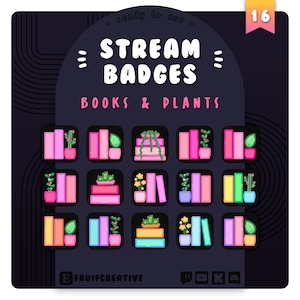 16 Stream Badges | Books & Plants | Twitch Sub + Bit Icons | Pink + Rainbow | Discord Server Role | Channel Point | Emotes | YouTube Loyalty