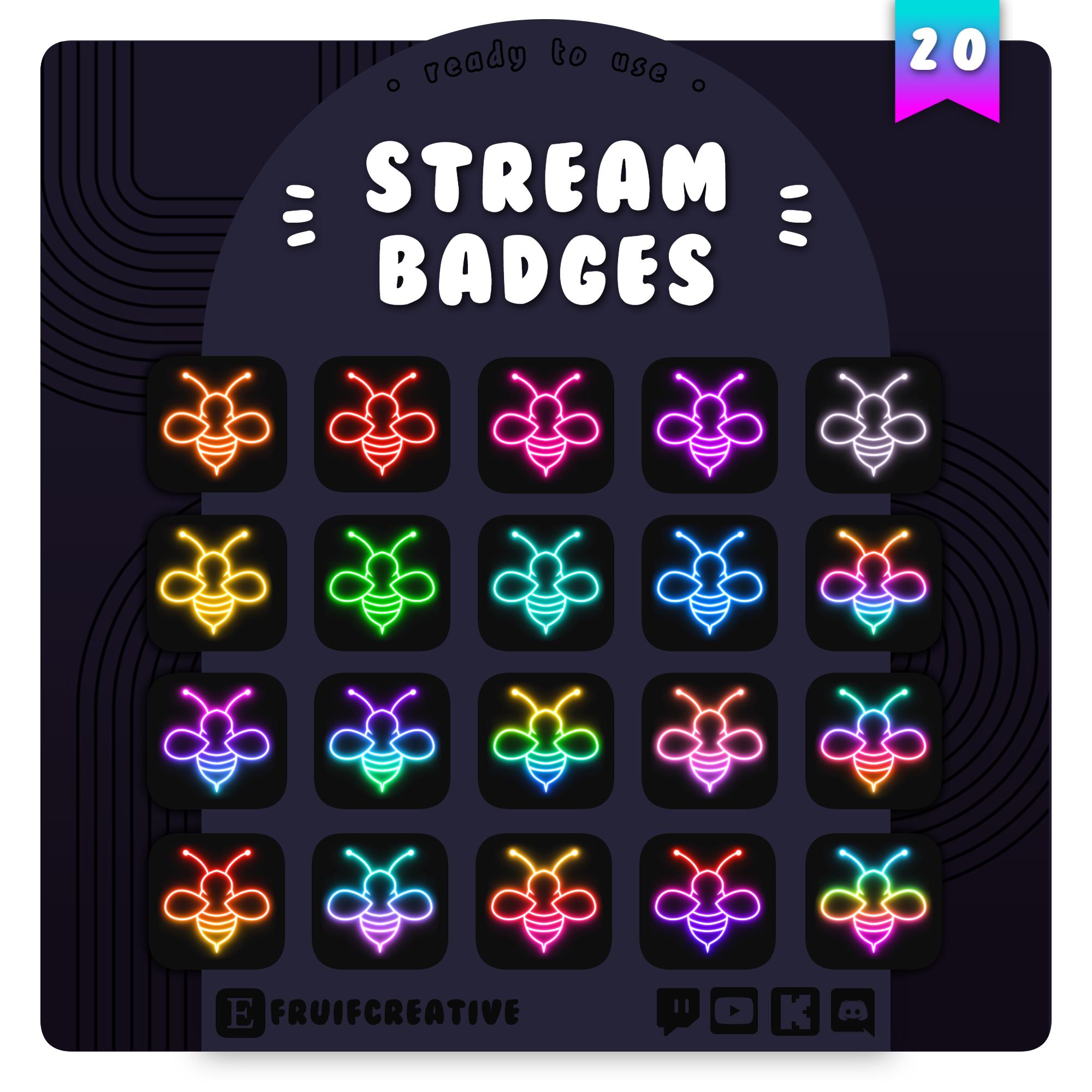 20 Sub/Bit Twitch Badges | Neon Bumble-Bee | Cute Rainbow Icons | RGB Glow | Channel Points | Discord Role | Stream Loyalty Badge