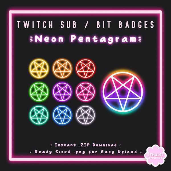 10 Sub/Bit Twitch Badges | Neon Pentagram | Instant download | Cool | RBG Glow | Goth | Witchy | Demon | Stream | Discord | Channel Points