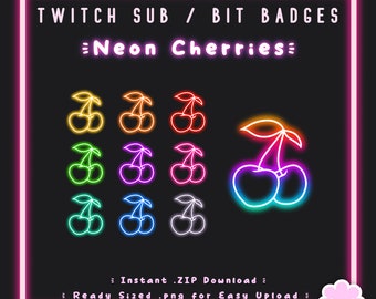 10 Sub/Bit Twitch Badges | Neon Cherries | Instant download | Cute | Rainbow | Glow | Fruit | Food | RBG | Streamer Badge | Channel Points