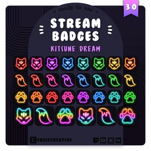 30 Stream Buttons | Neon Paket - Kitsune | Sub + Bit Twitch Icons | Regenbogen Pfoten | Fuchsschwanz | Niedliche Tierkegelpunkte | Kawaii Emotes