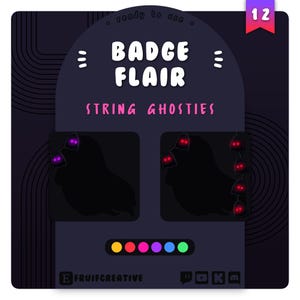 May include: A digital illustration of a badge flair with a string of ghosts. The ghosts are black with pink and red eyes. The text "STRING GHOSTIES" is written in pink. The badge flair is ready to use.