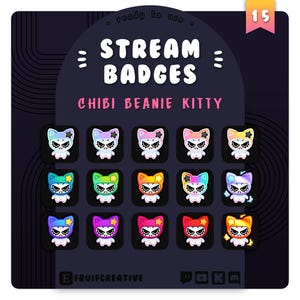 15 Sub/Bit Badges | Chibi Beanie Kitty | Pastel + Neon Icons | Kawaii Plushie | Cute White Cat | Discord Roles | Twitch Stream Loyalty
