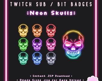 10 Sub/Bit Twitch Badges | Neon Skulls | Instant download | Witchy | Goth | Cool | Edgy | Channel Point | Spooky | Glow | Streamer Badge
